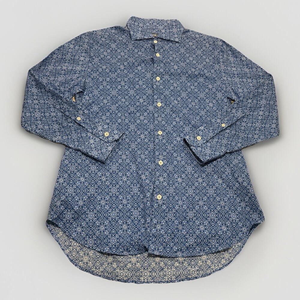 $314 Fedeli Sz 16/41 Geometric Lightweight “Sean” Blue Cotton L/S Button Up Sz L